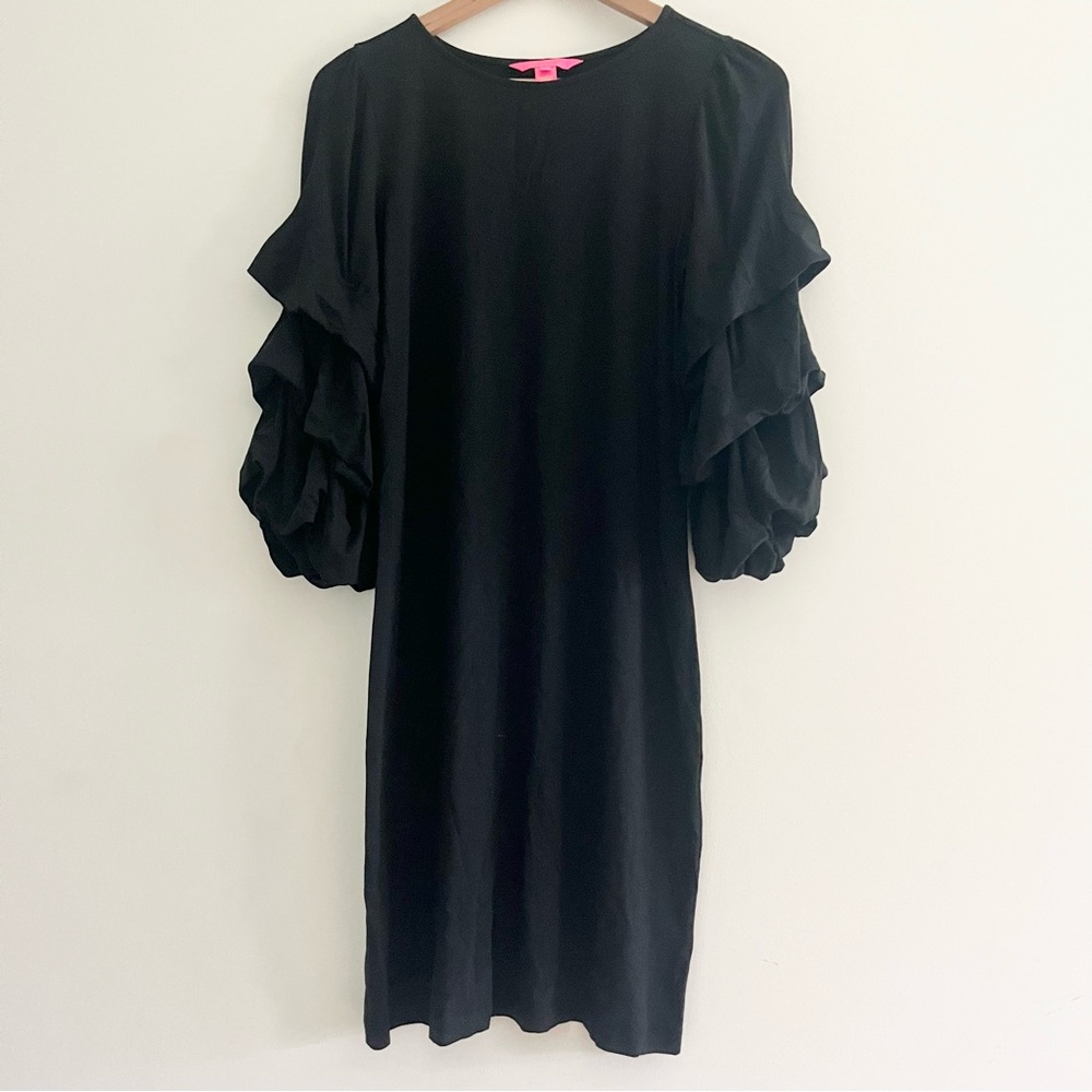 Lilly Pulitzer Leonie Dress Black w Ruffled Sleeves Stretch Rayon Spandex Size S